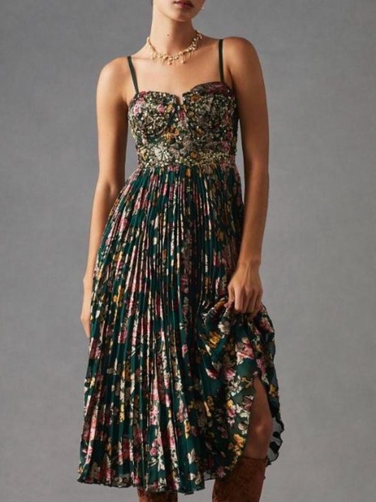 Anthropologie Dresses & Skirts - VERB Pallavi Singhee Plissé Pleated Sequin Embellished Smocked Corset Midi Dress